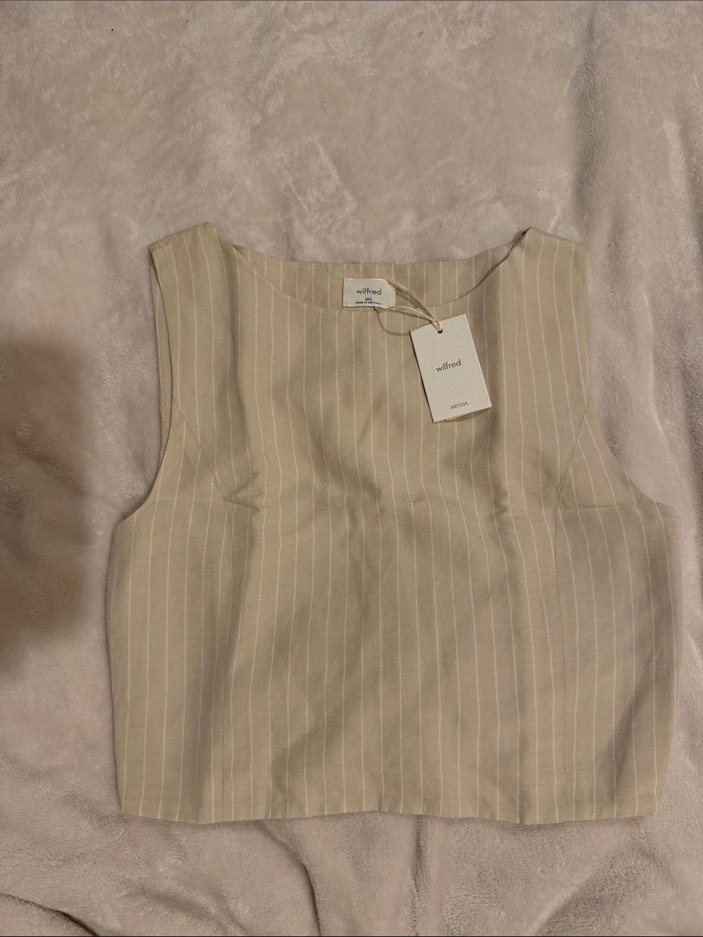Aritzia Wilfred Beige Pinstripe Sleeveless Crop Top